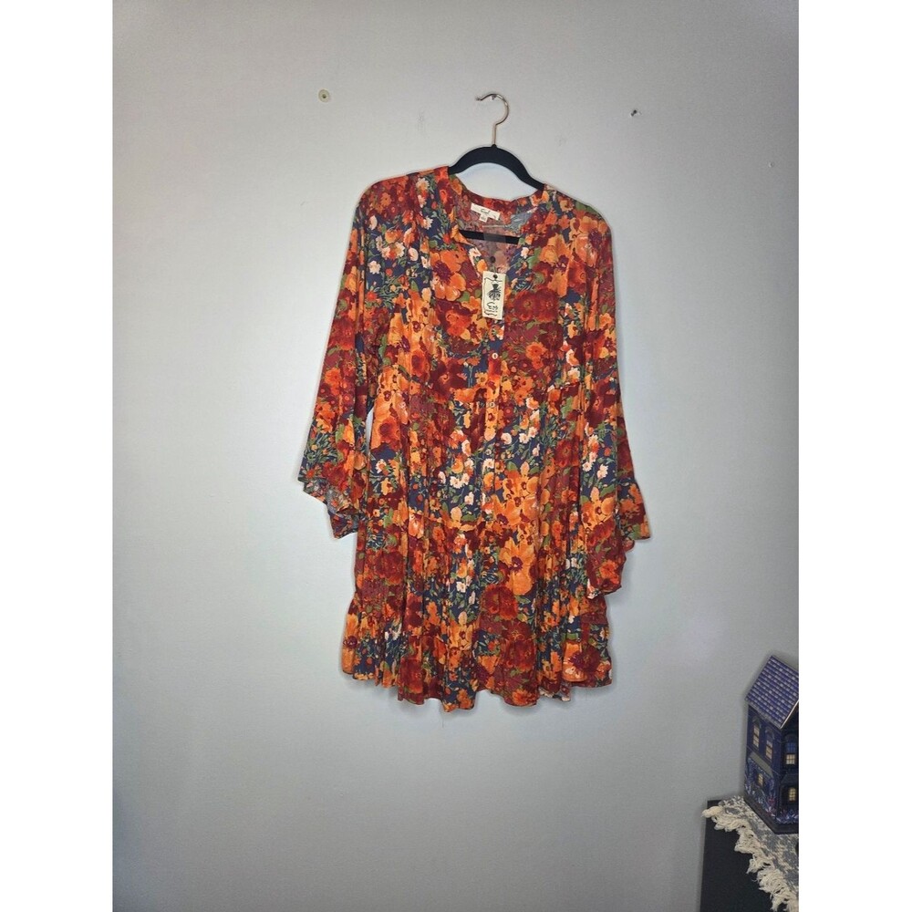 Easel Boutique Brand Floral Tiered Mini Dress Orange Multi
